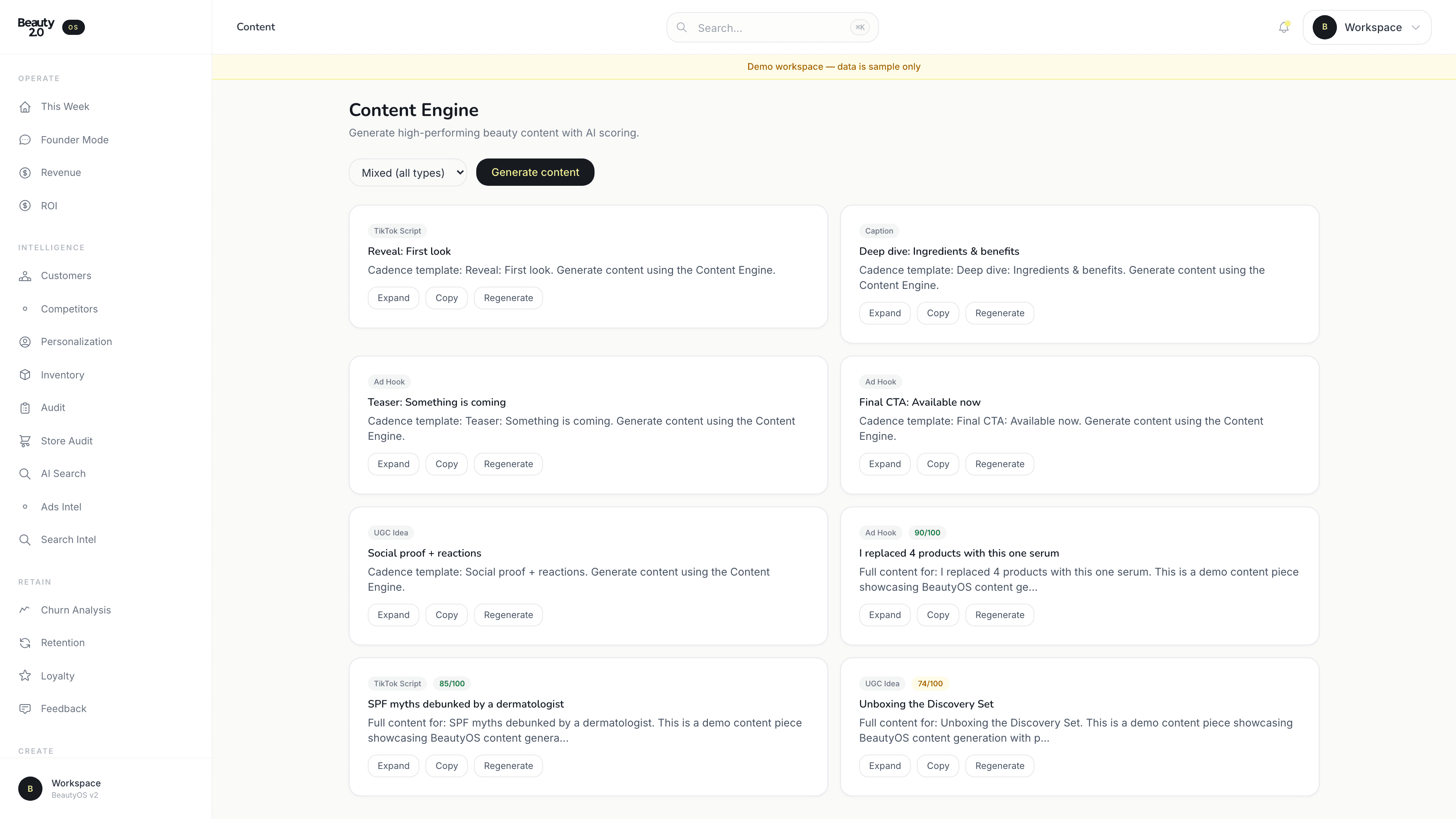 BeautyOS Content engine showing assets, performance, and per-creative learning.