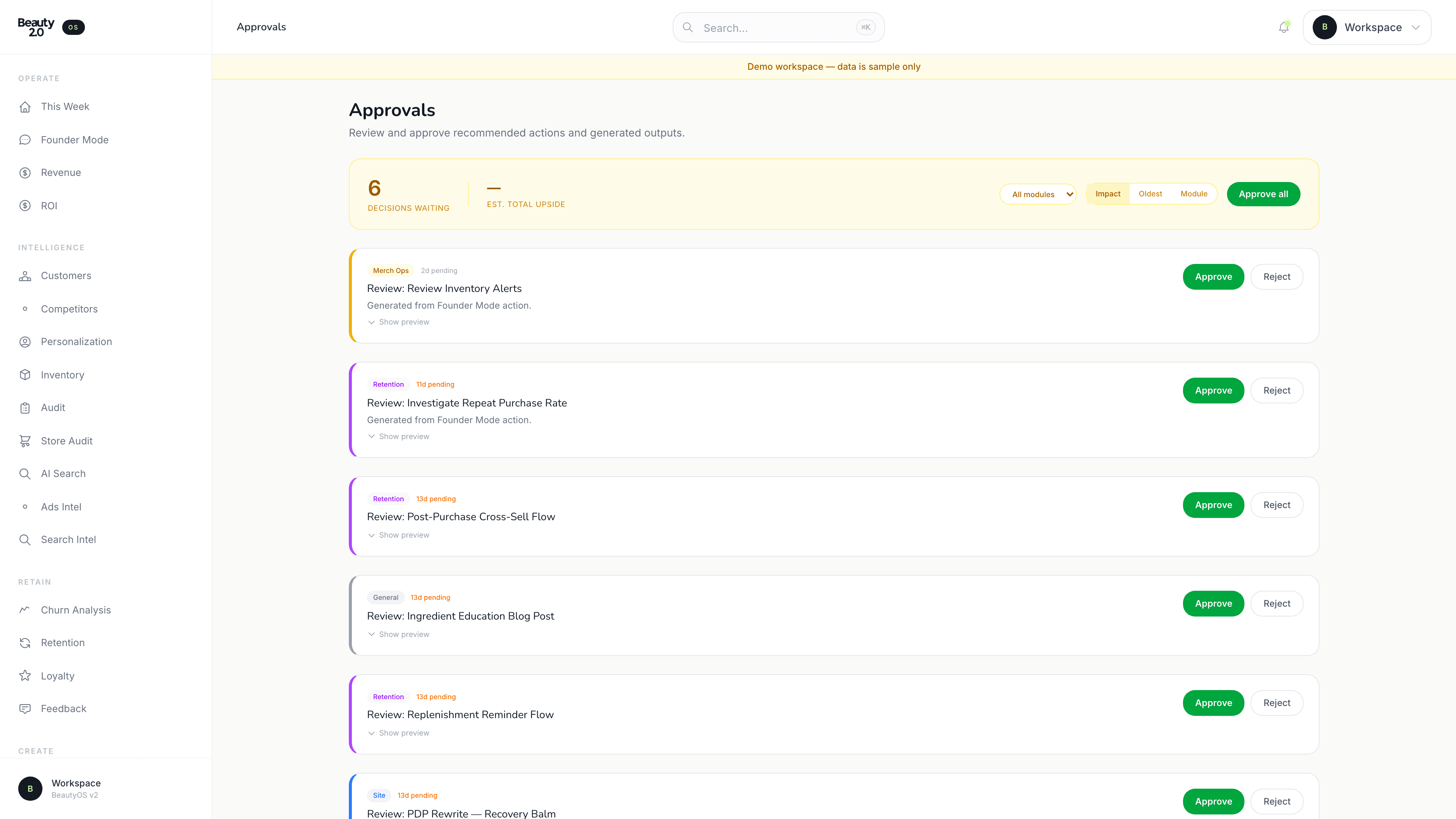 BeautyOS Approvals queue with pending creative, copy, and content awaiting senior sign-off.