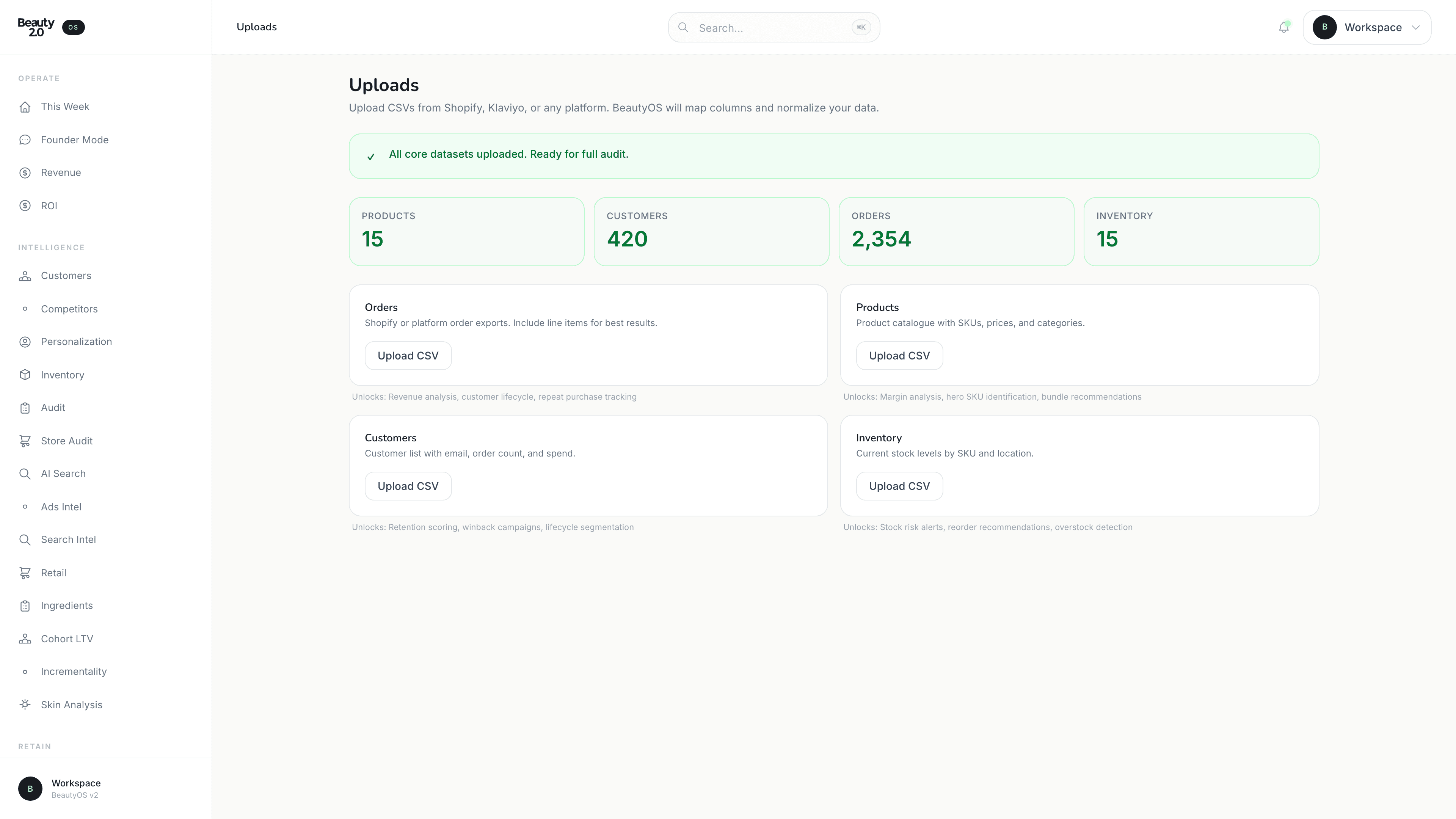BeautyOS Uploads library for brand assets, references and creative briefs.