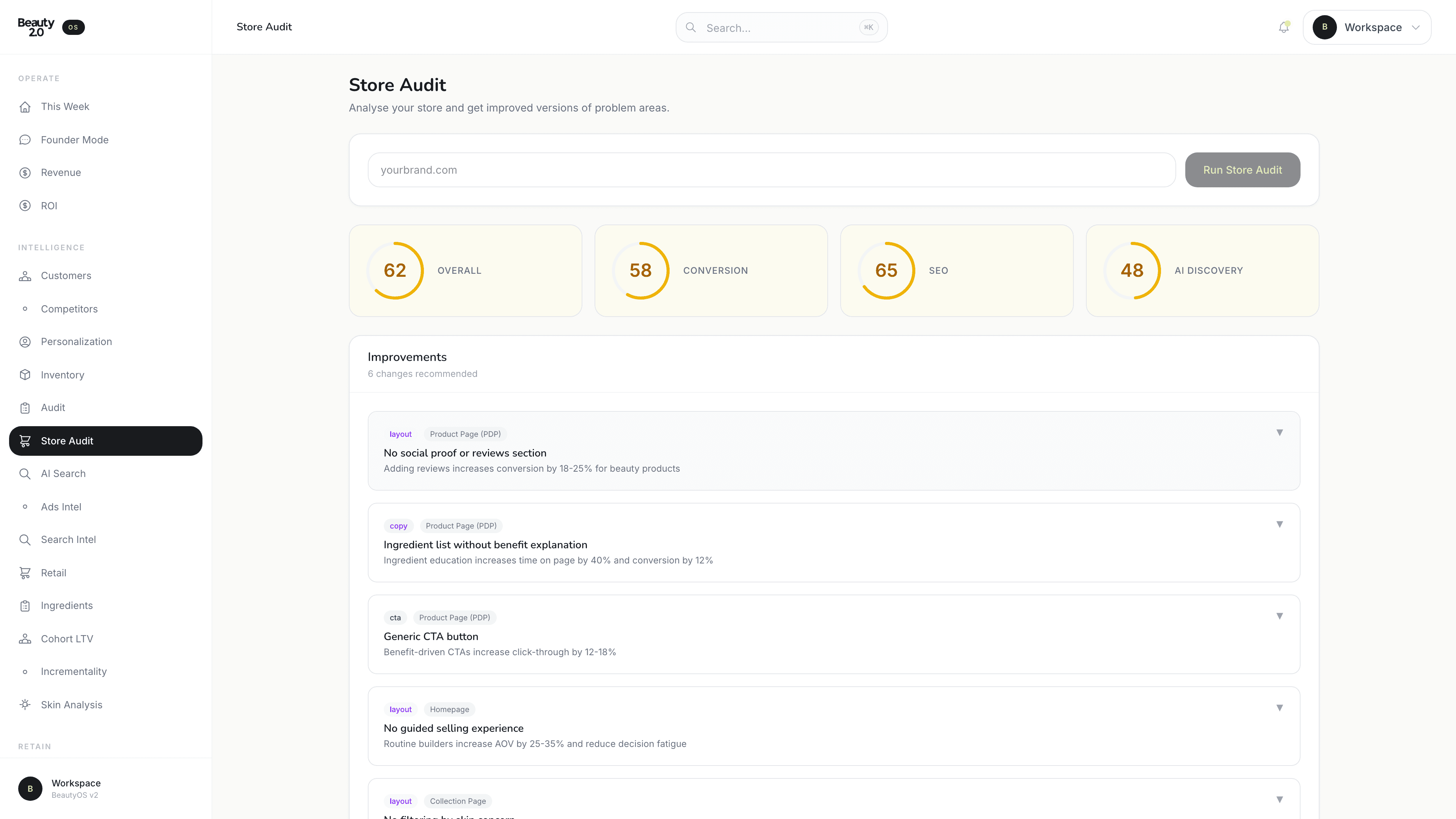 BeautyOS Store Audit with per-page scoring and remediation actions.